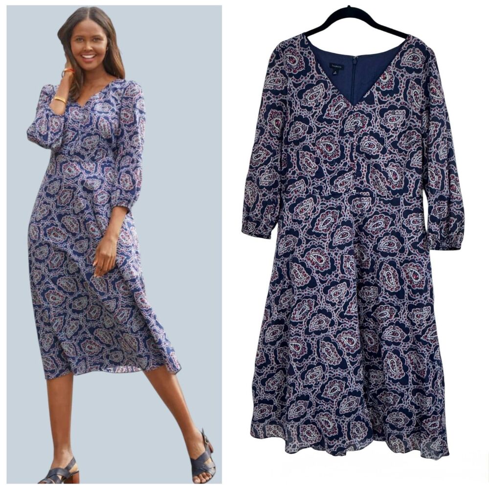 Talbots Women's 10 Puff Sleeve Paisley Fit & Flare Dress Blue Cotton Paisley